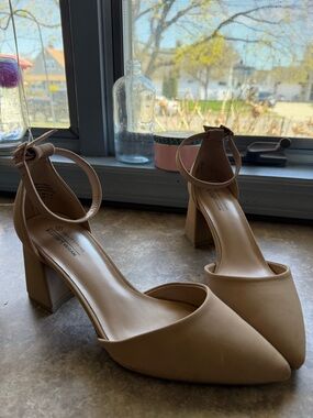 Call It Spring Pointed-Toe Ankle-Strap Block Heels in Nude